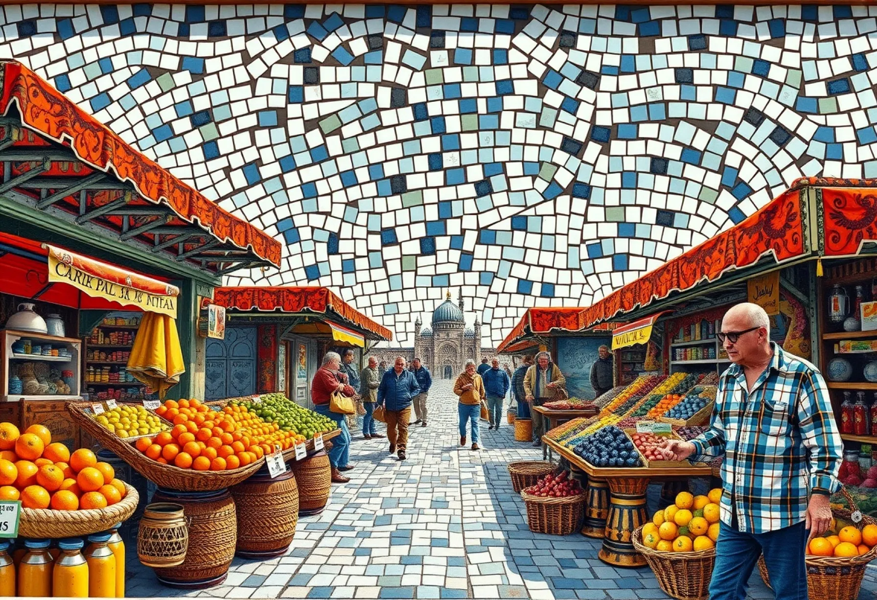 Darstellung eines marokkanischen Basars in römischer Mosaikkunst mit Keramik- und Glasmosaiksteinen