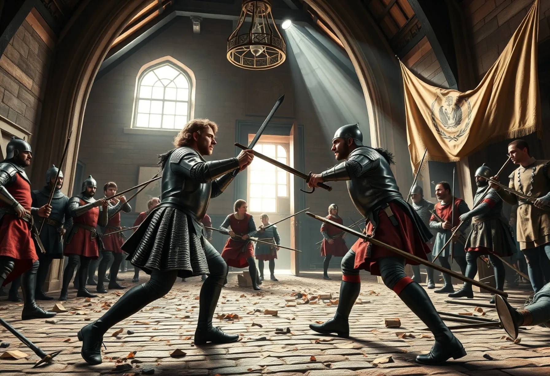 Historische Schlachtszene aus dem 16. Jahrhundert in einem Saal mit Rüstungen und Waffen