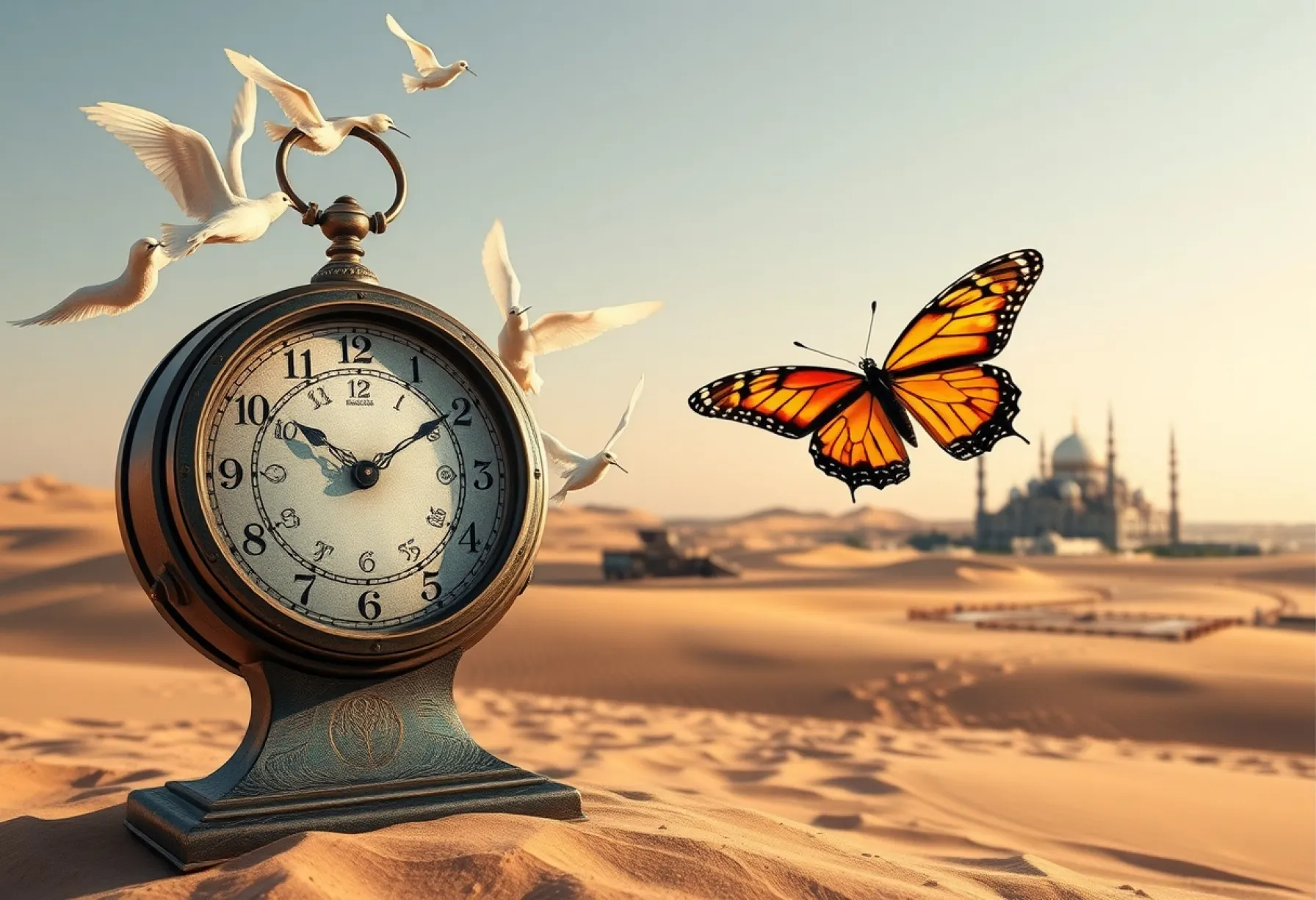 Alchemistische Standuhr in surrealer Wüstenlandschaft mit gläserner Stadt und Schmetterling