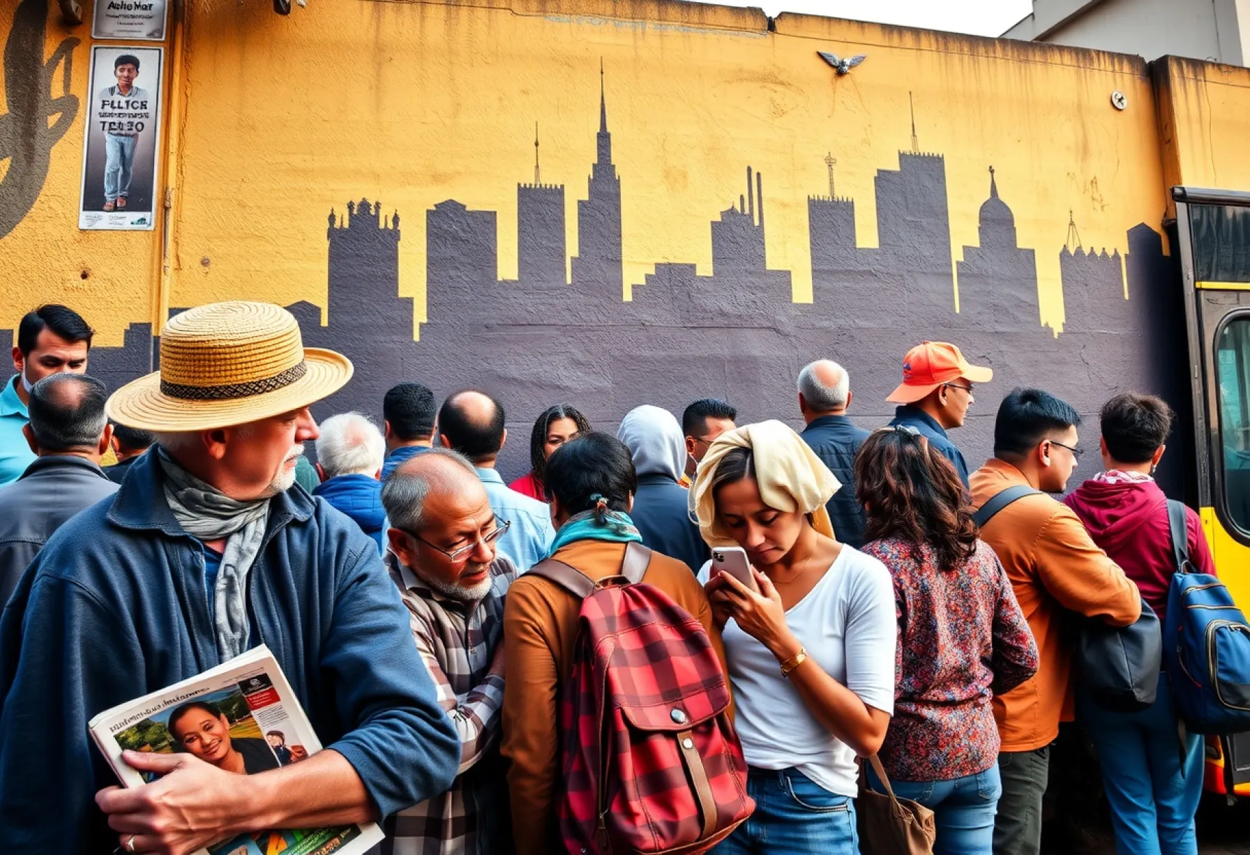 Farbenprächtiges Wandbild in São Paulo: Alltagsszene an einer Bushaltestelle