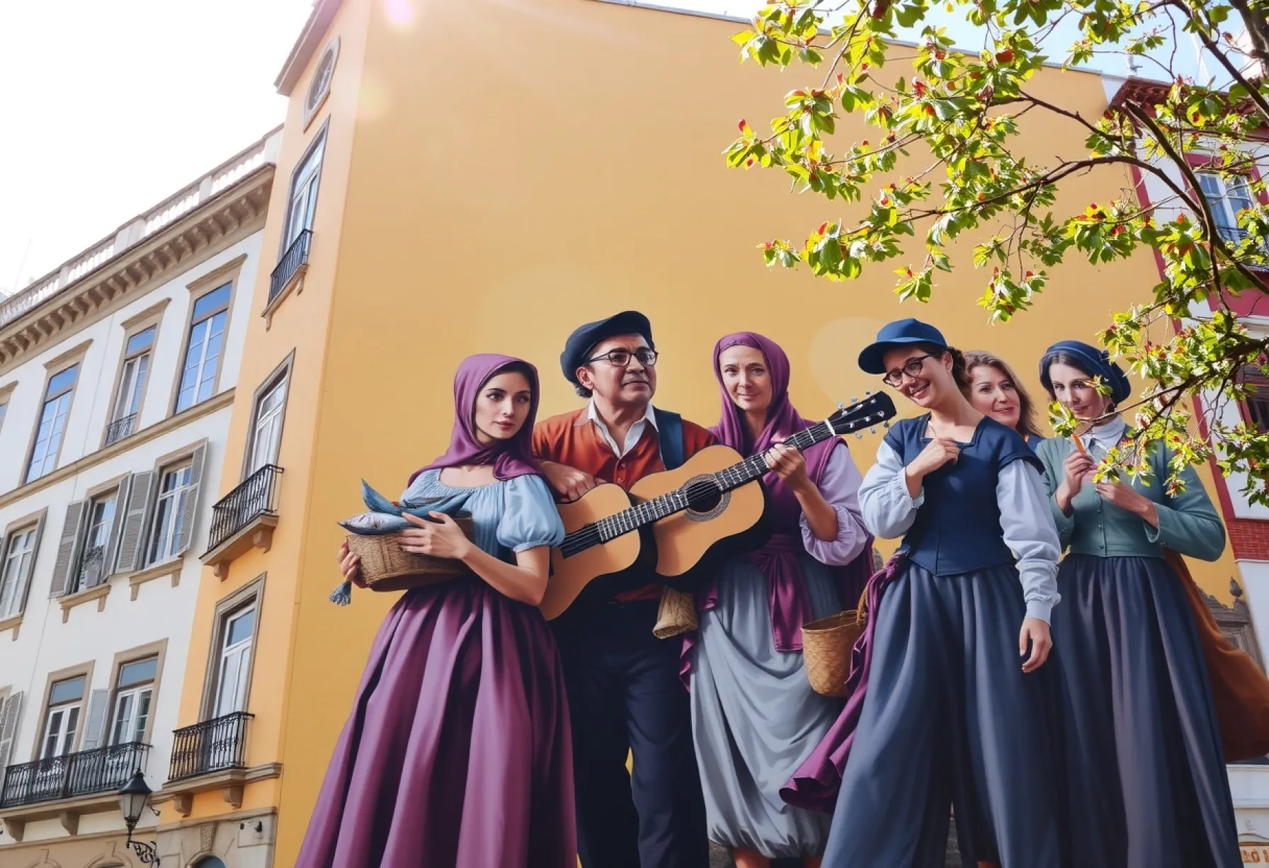 Wandgemälde in Lissabon: Darstellung traditioneller portugiesischer Kleidung des 19. Jahrhunderts