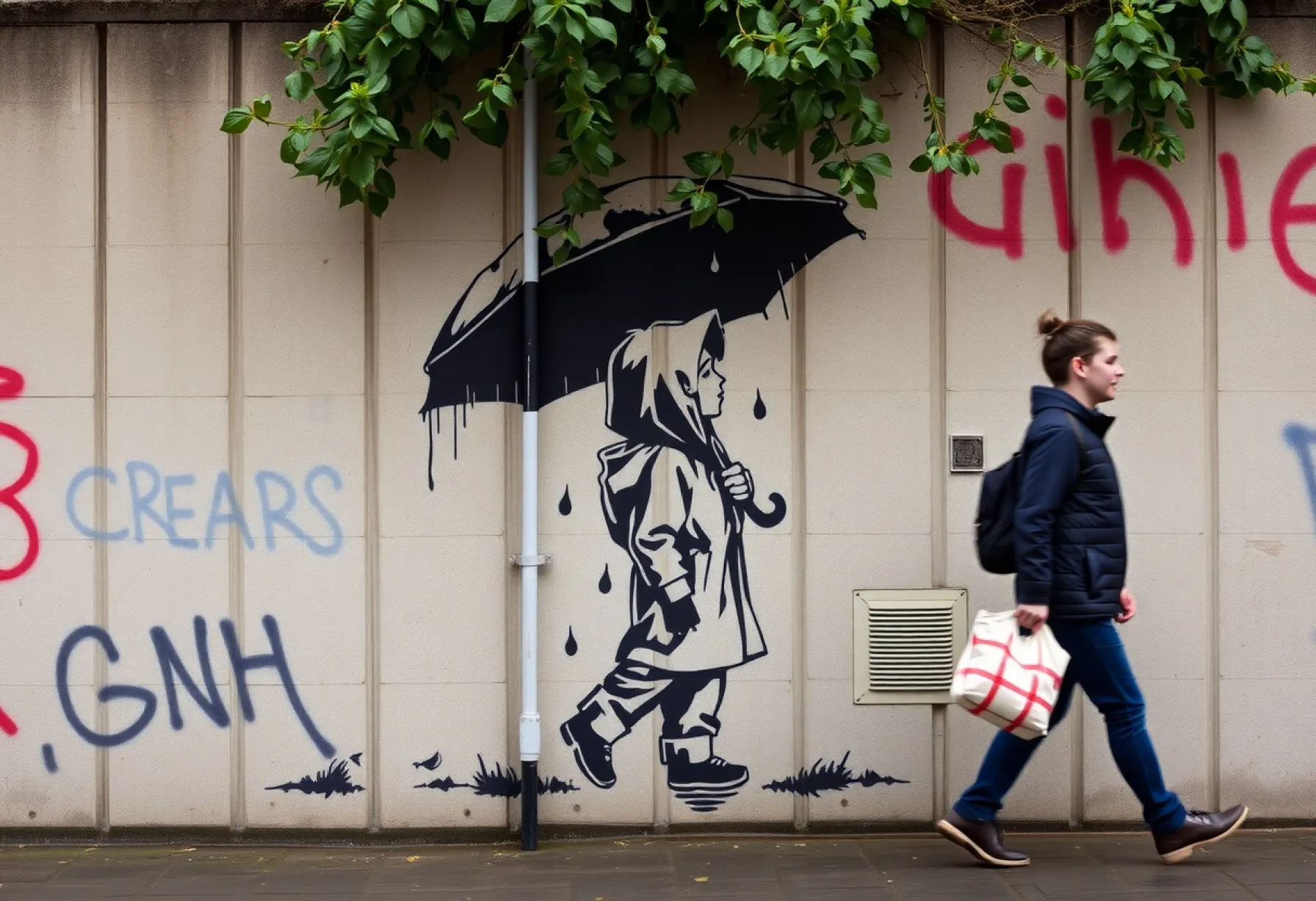 Stencil Art in London: Kind mit Regenschirm an Ziegelmauer