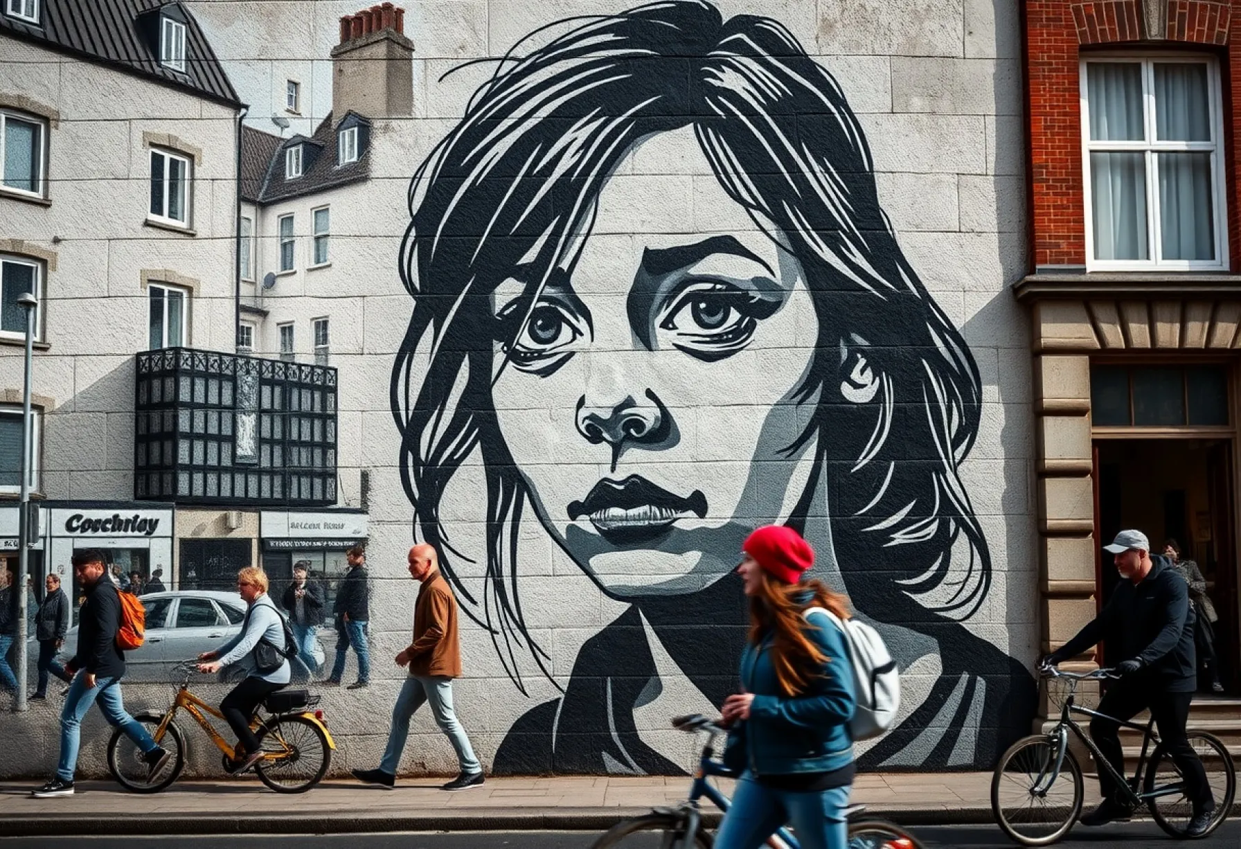 Stencil-Art auf Backsteinmauer in Bristol: Porträt eines nachdenklichen Mädchens im urbanen Umfeld