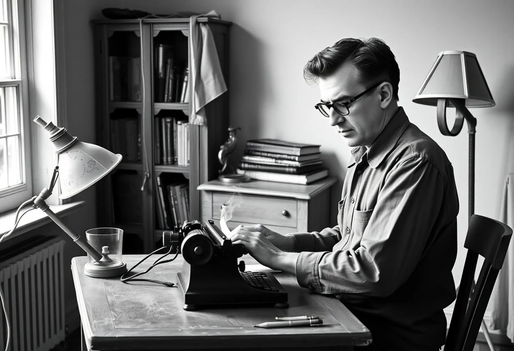 George Orwell bei der Arbeit an seiner Schreibmaschine in einem schlichten Raum der 1940er Jahre
