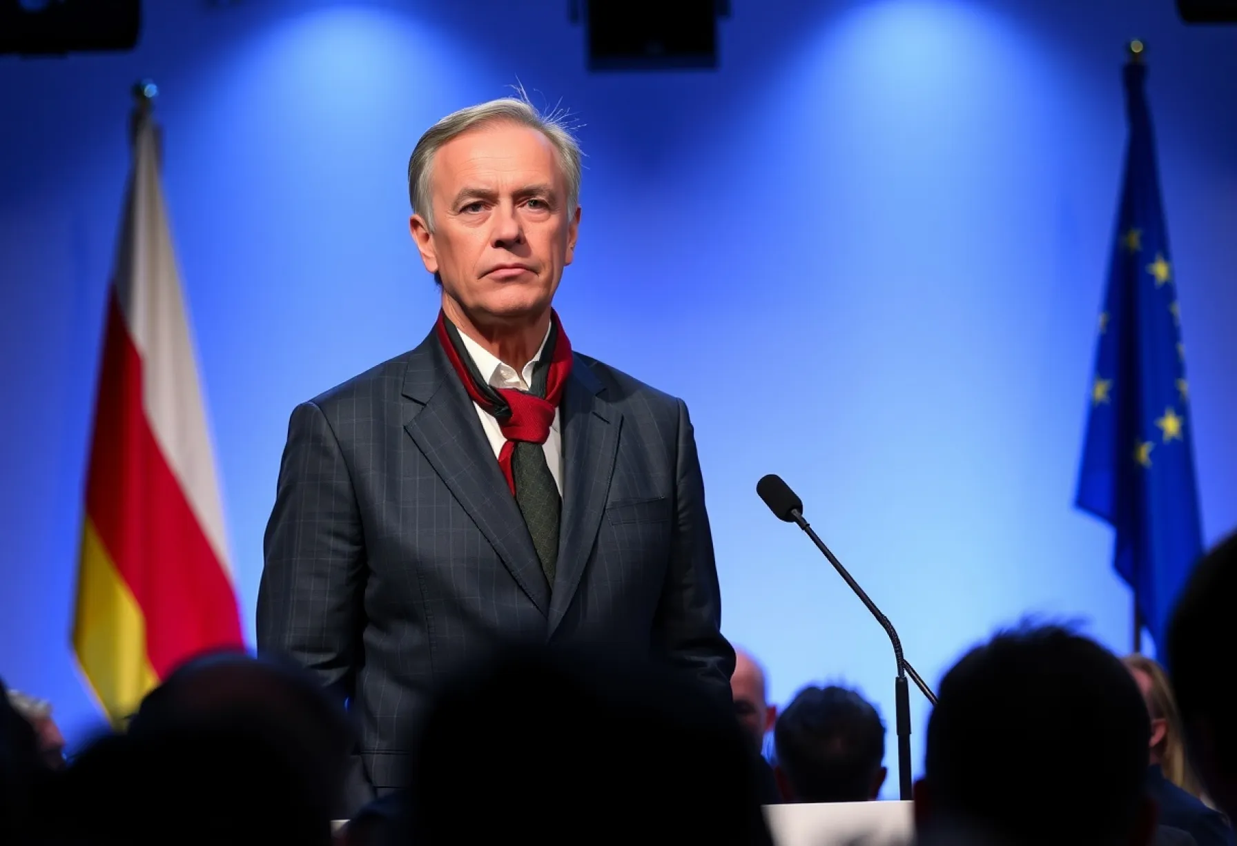 Politiker hält Rede vor EU- und Landesfahnen unter bläulichem Scheinwerferlicht