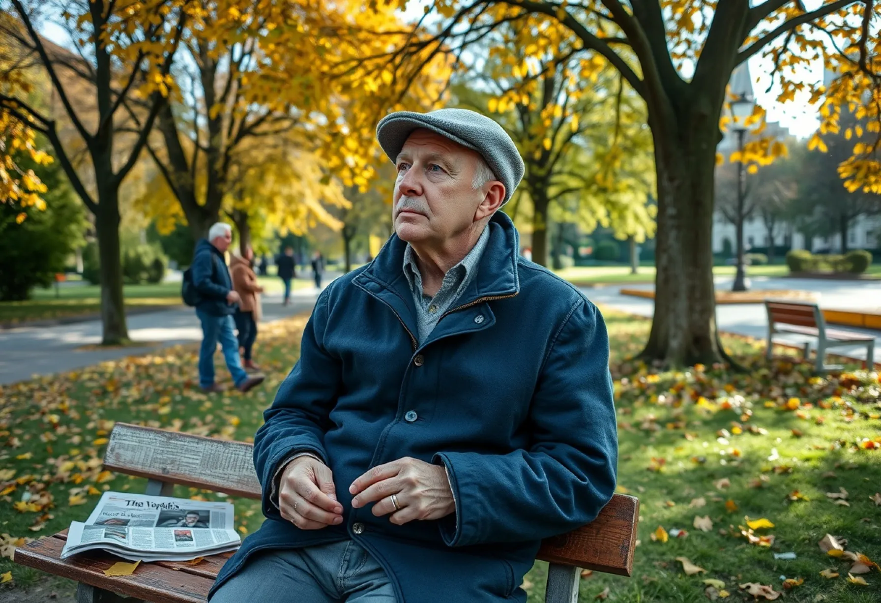 Älterer Mann auf Parkbank im herbstlichen Stadtpark
