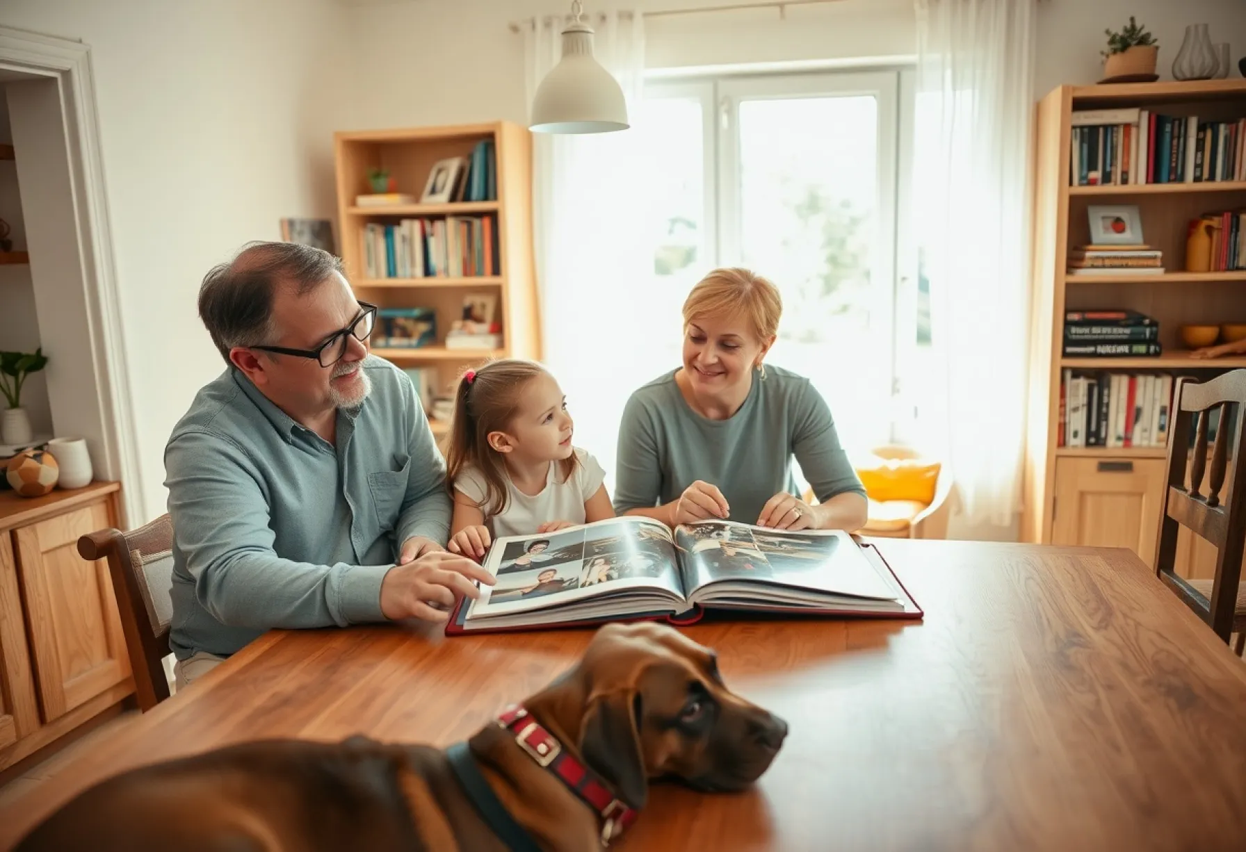 Familienharmonie: Eine Adoptivfamilie betrachtet gemeinsam Erinnerungen in einem Fotoalbum