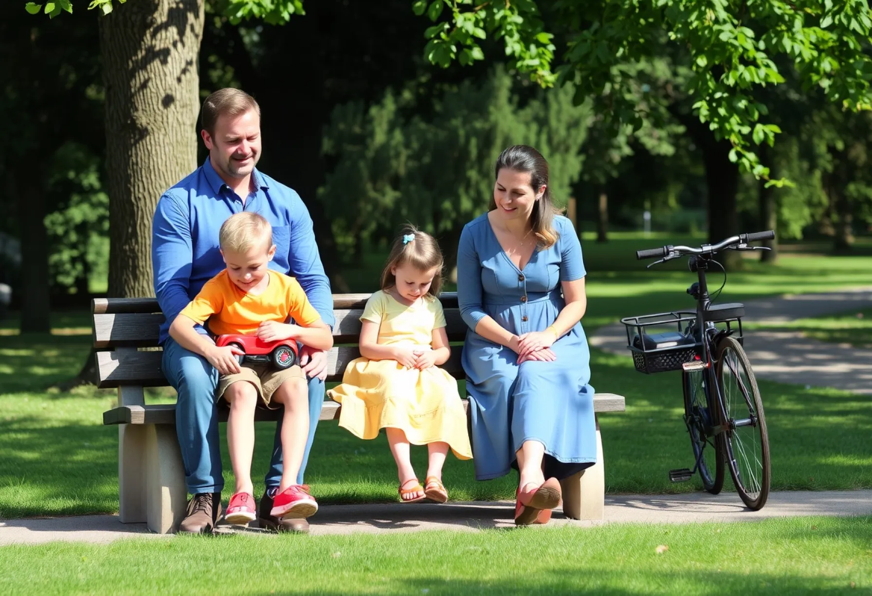 Familie im Stadtpark auf Picknickbank: Vater mit Sohn, Mutter mit Tochter, umgeben von Eichenbäumen und Fahrrad
