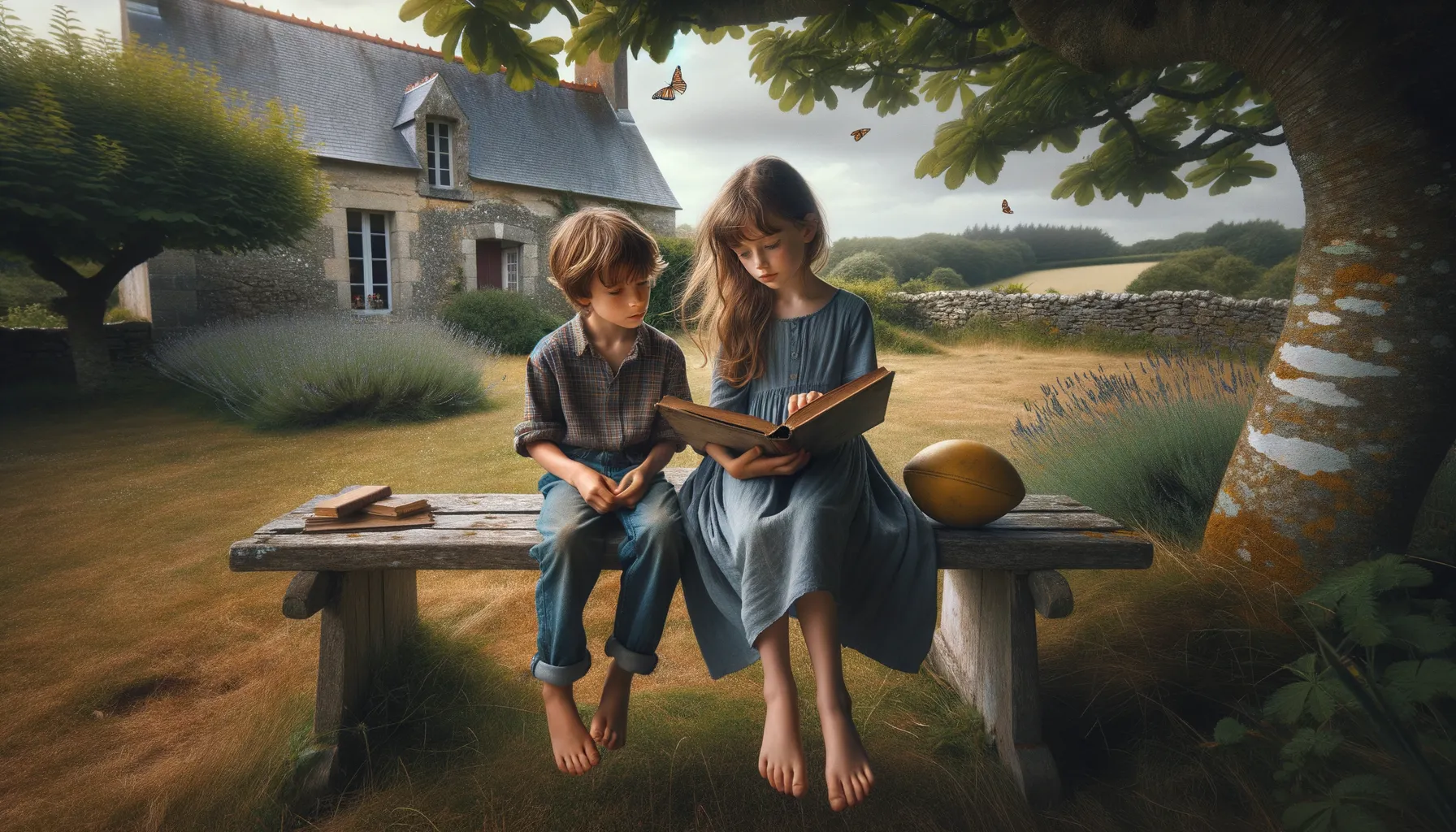 Geschwister lesen ein Buch im Garten eines Landhauses in der Bretagne