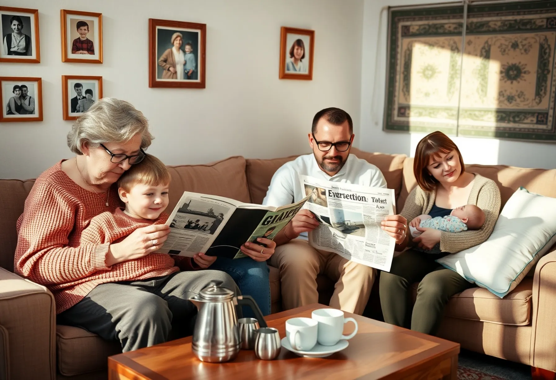 Mehrgenerationenfamilie im Wohnzimmer: Gemeinsames Betrachten eines Fotoalbums und familiäre Interaktion im Alltag