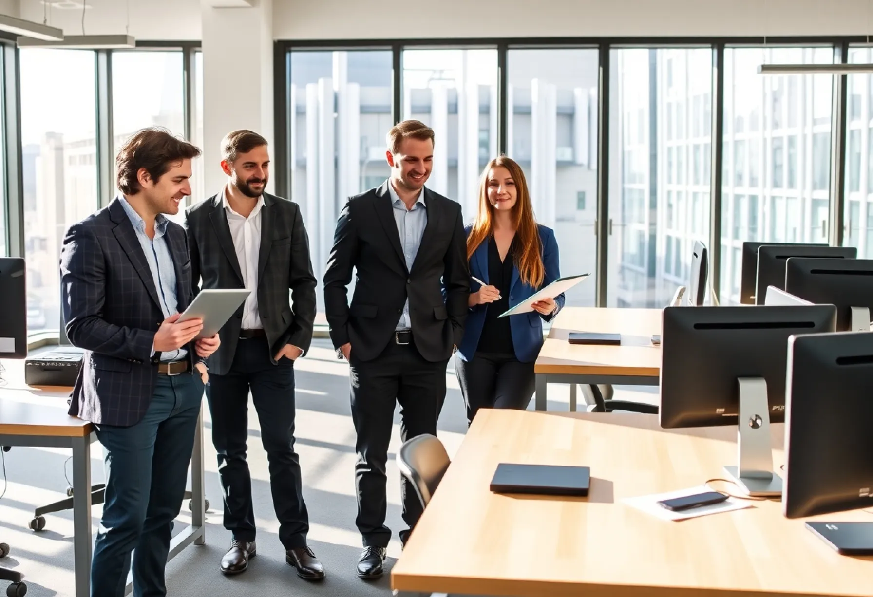 Besprechung in einem modernen Büro: Kollegen diskutieren über Tablet-Inhalte und machen Notizen