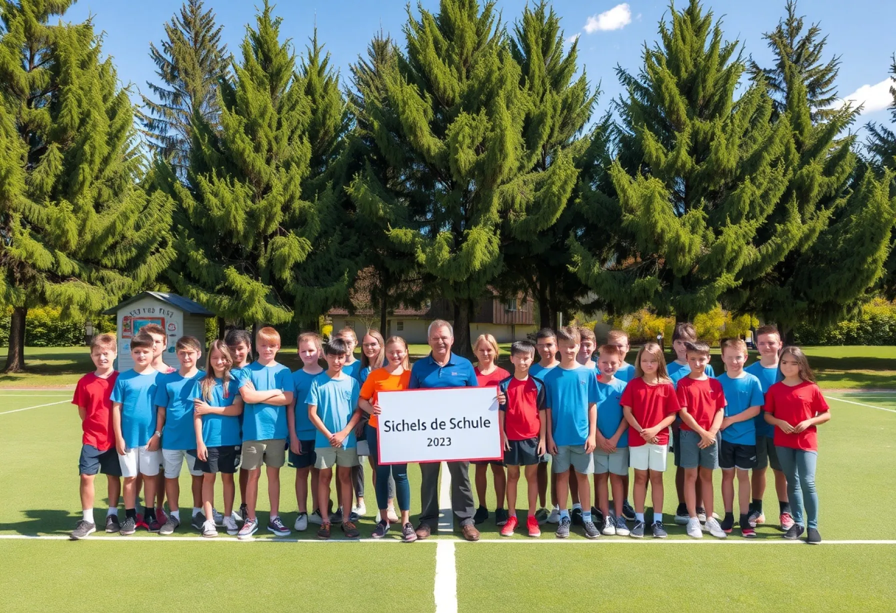 Gruppenfoto einer Schulklasse im Jahr 2023 auf einem Sportplatz mit Lehrer und Schulname-Schild
