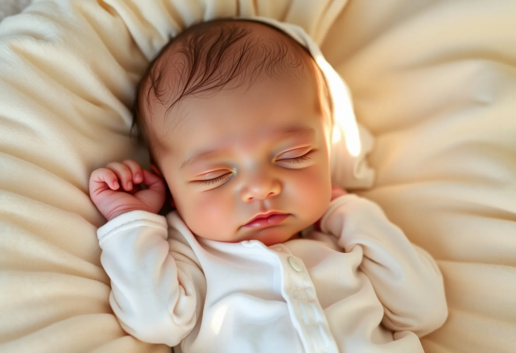Neugeborenes Baby schlafend auf cremefarbener Decke: Beschreibung einer friedlichen Szene