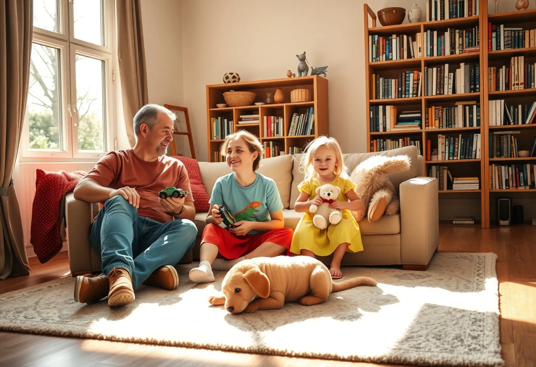 Familienleben im Wohnzimmer: Eltern und Kinder beim Spielen auf dem Teppich