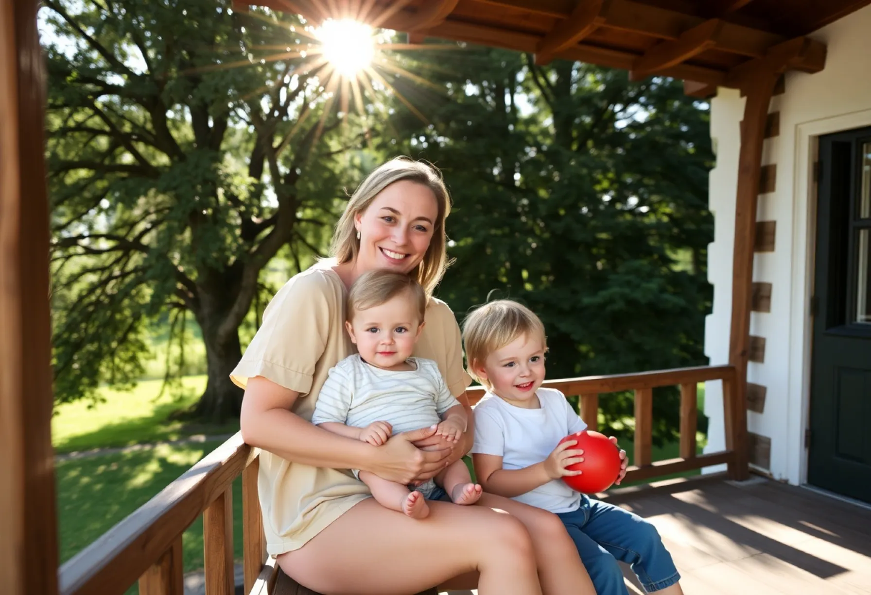 Familienporträt auf einer Veranda im Schwarzwald mit traditioneller Architektur und Tannenwäldern im Hintergrund