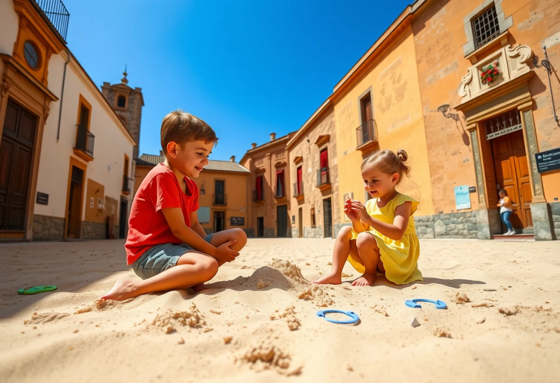 Kinder beim Spielen in einem Innenhof in Sevilla: Eine Momentaufnahme kindlicher Kreativität und Unbeschwertheit