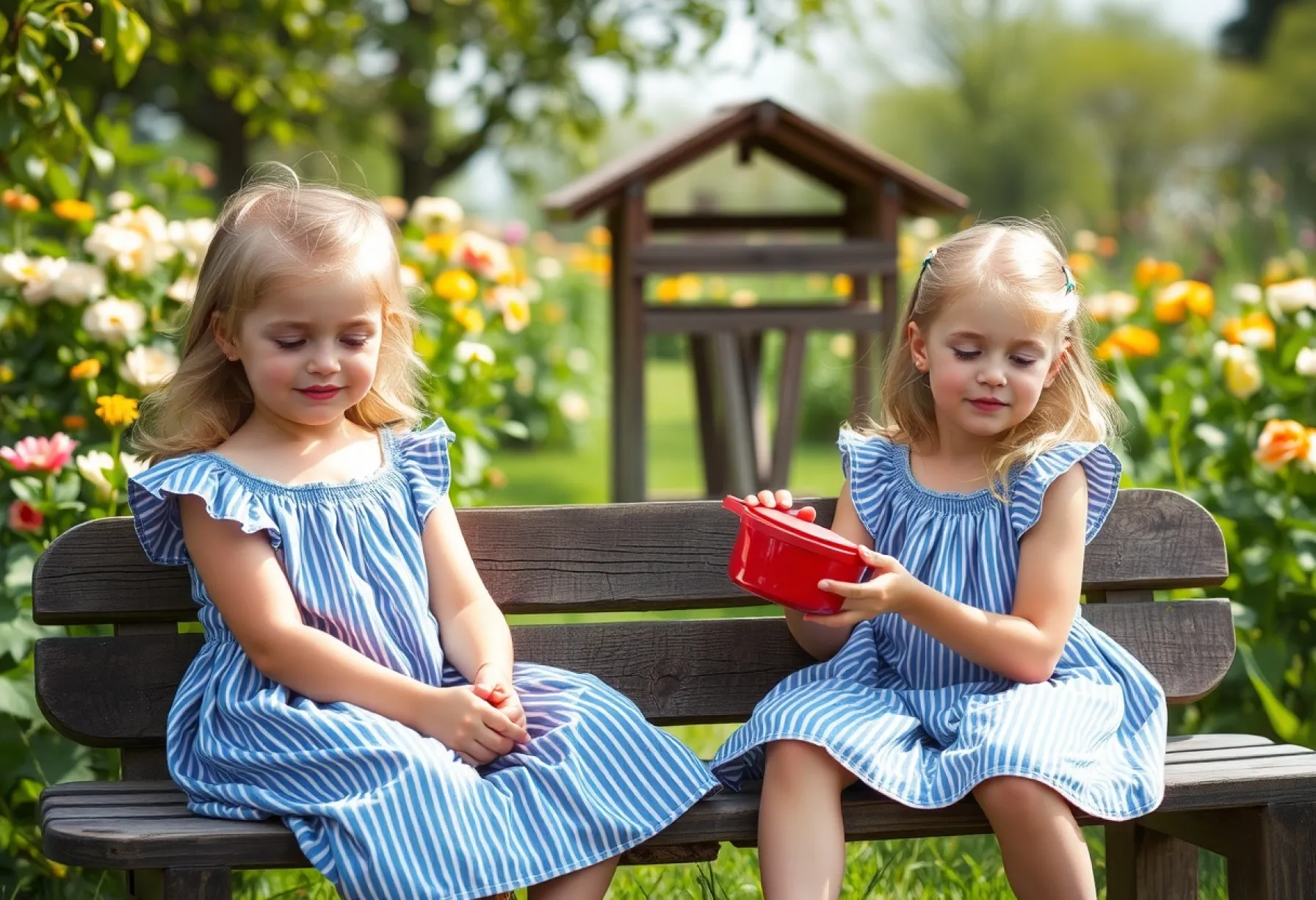 Zwillinge im Garten: Kinder beim Gießen von Blumen im Sommergarten