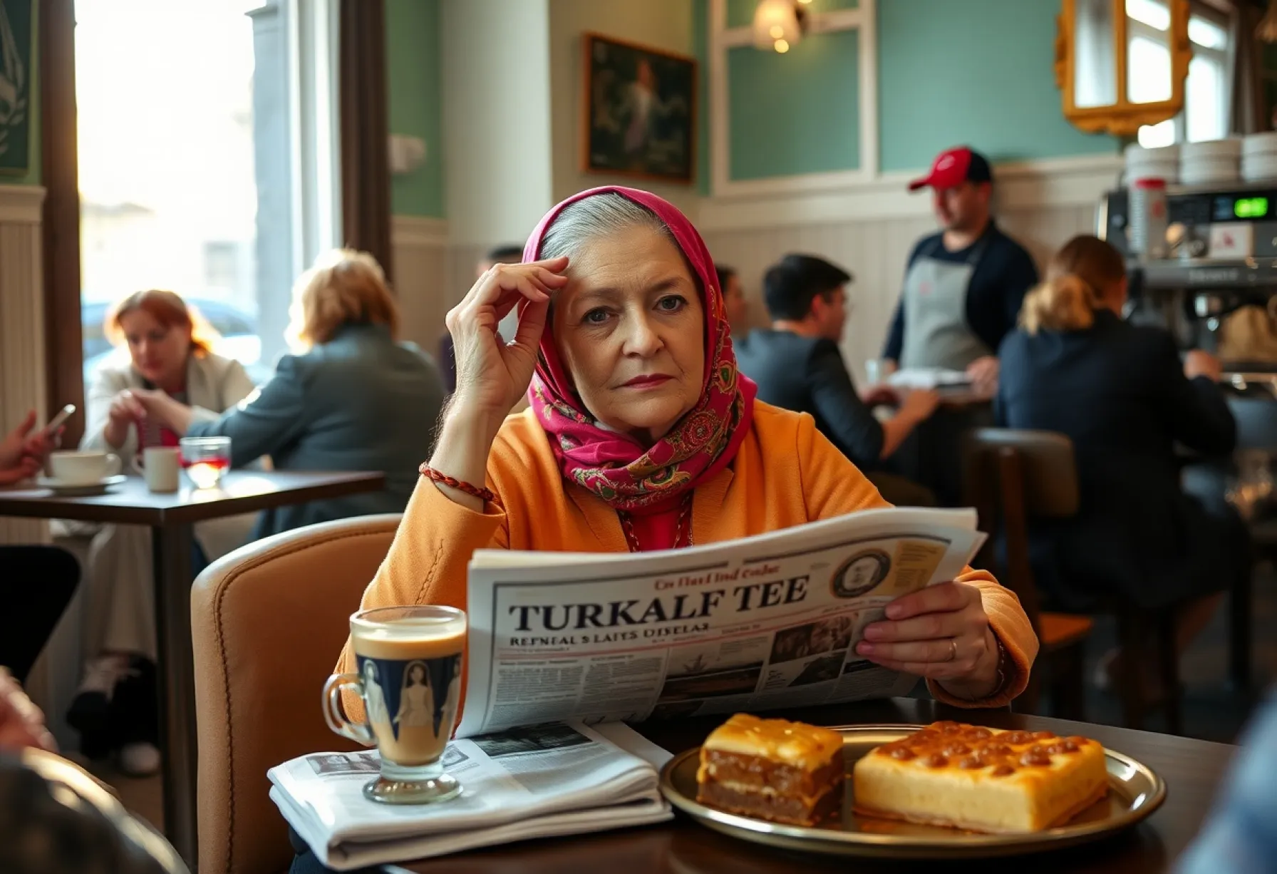 Ältere Frau im Café in Istanbul mit Tee und Zeitung