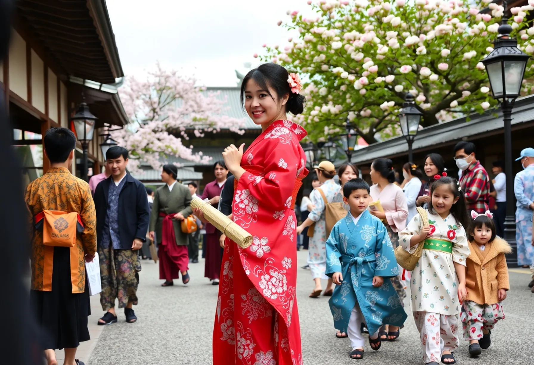 Traditionelles Fest in Kyoto: Menschen in Kimonos im Tempelhof