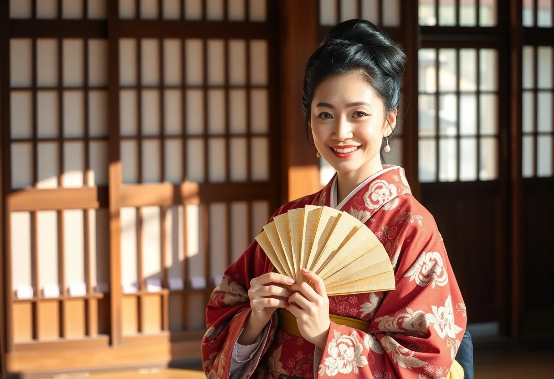 Porträt einer Frau in traditioneller japanischer Kleidung in einem klassischen Raum.
