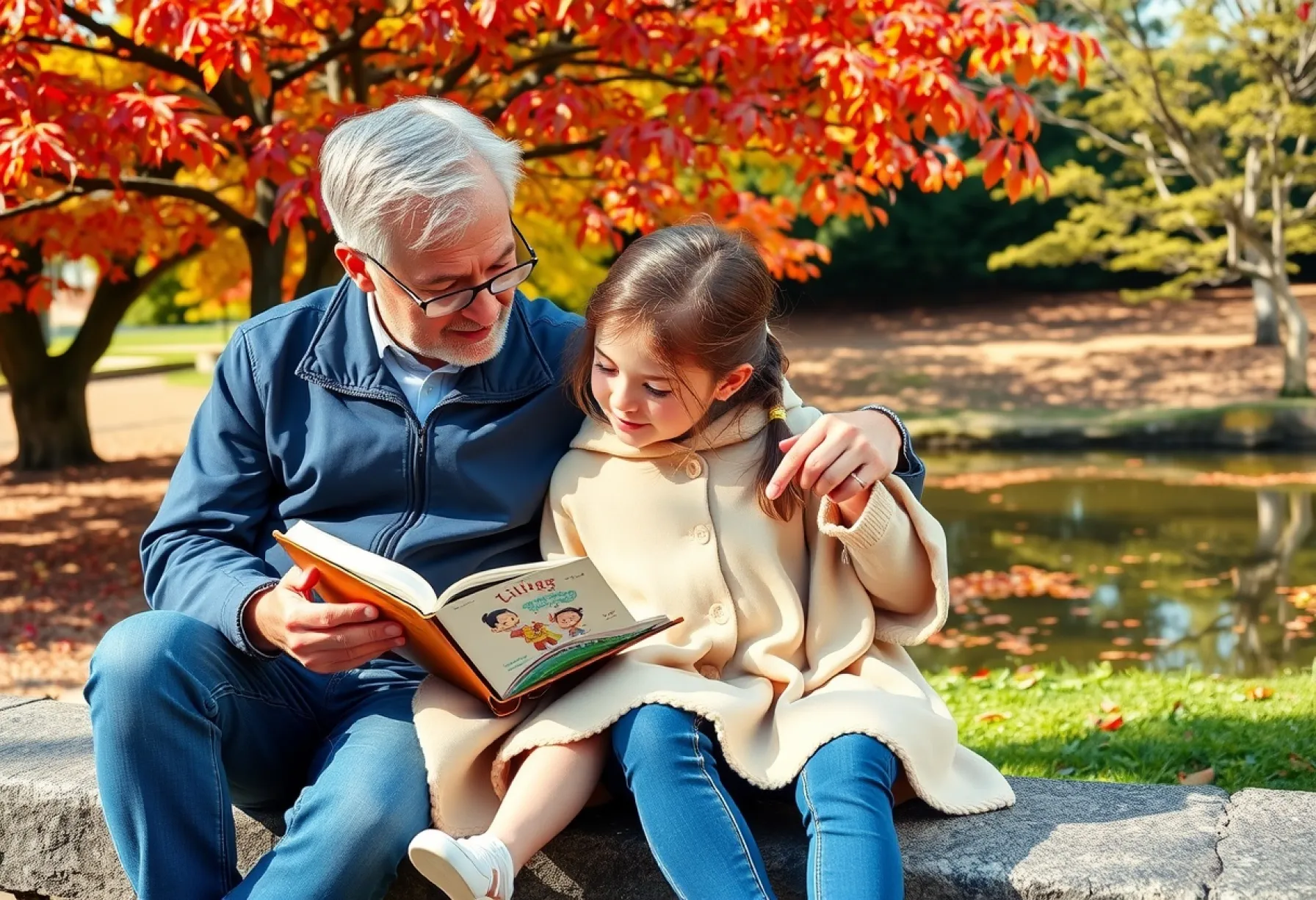 Vater und Tochter lesen zusammen auf einer Parkbank in Kyoto, Japan