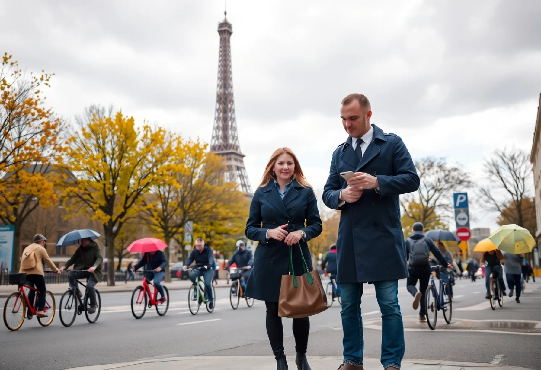 Herbstliche Szene am Boulevard in Paris: Ein Paar vor dem Eiffelturm im Alltagstrubel