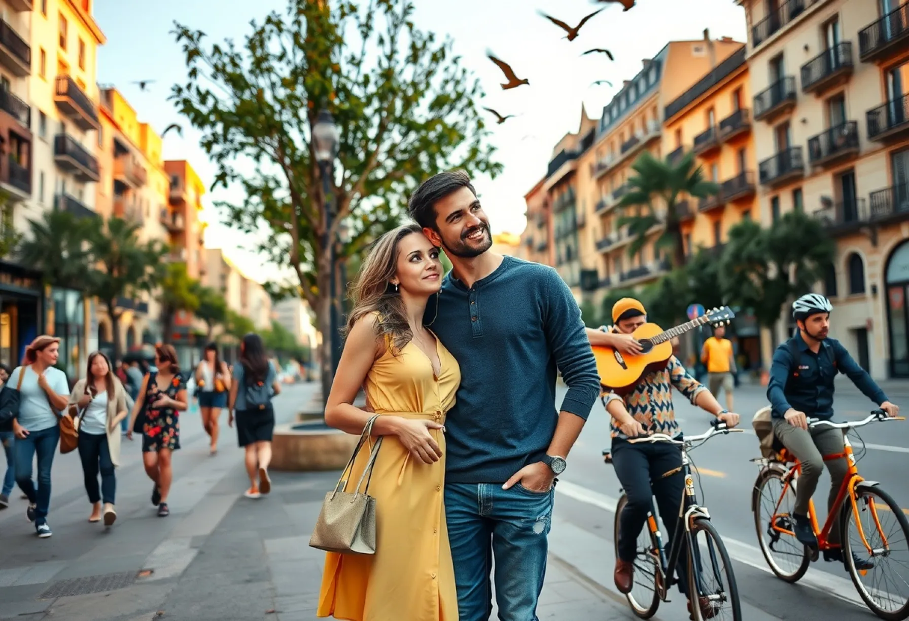 Paar in Barcelona: Ein Moment der Zweisamkeit inmitten urbanen Treibens