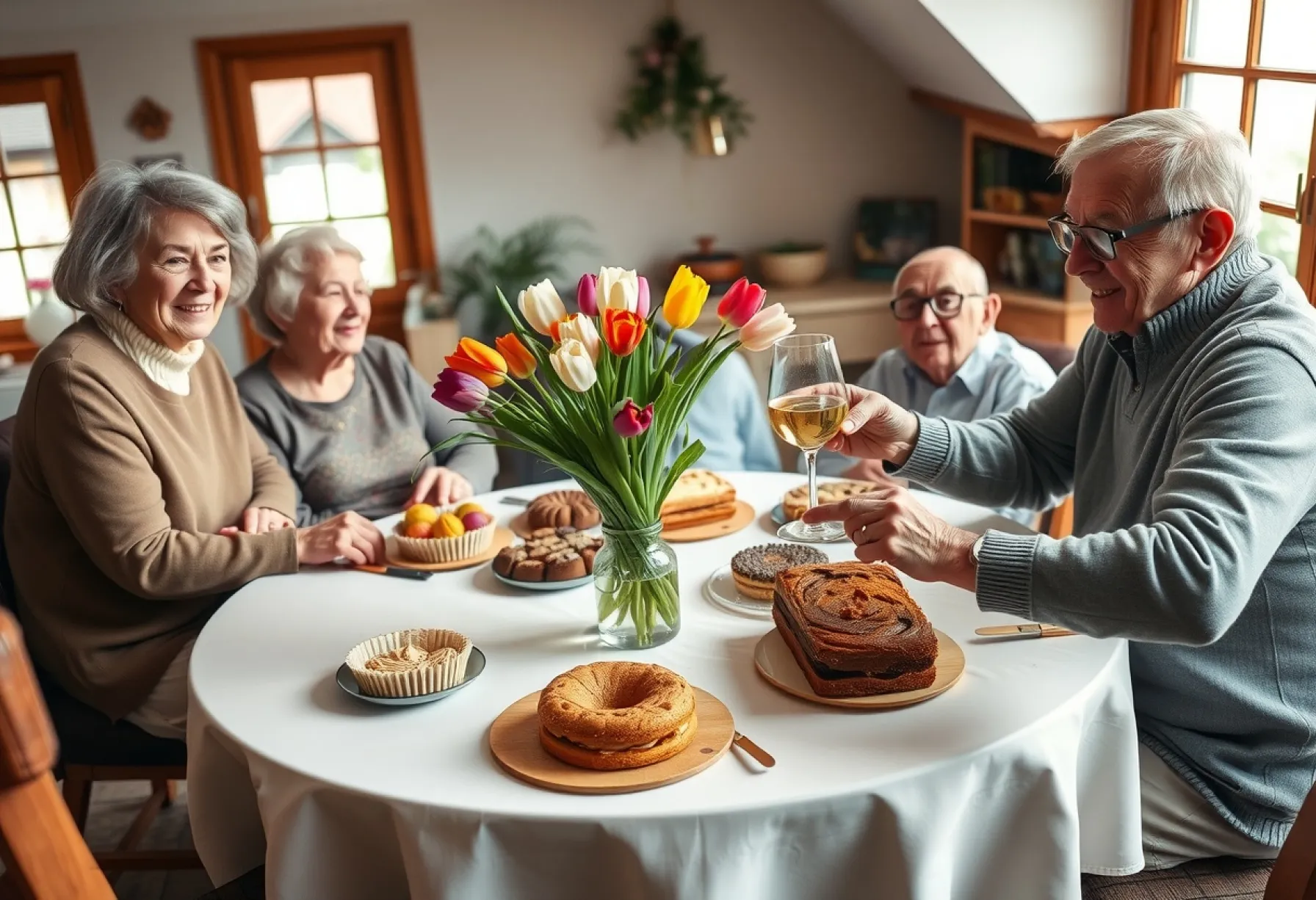 Geselliges Beisammensein von Senioren in gemütlicher Wohnzimmeratmosphäre mit Kaffee und Kuchen