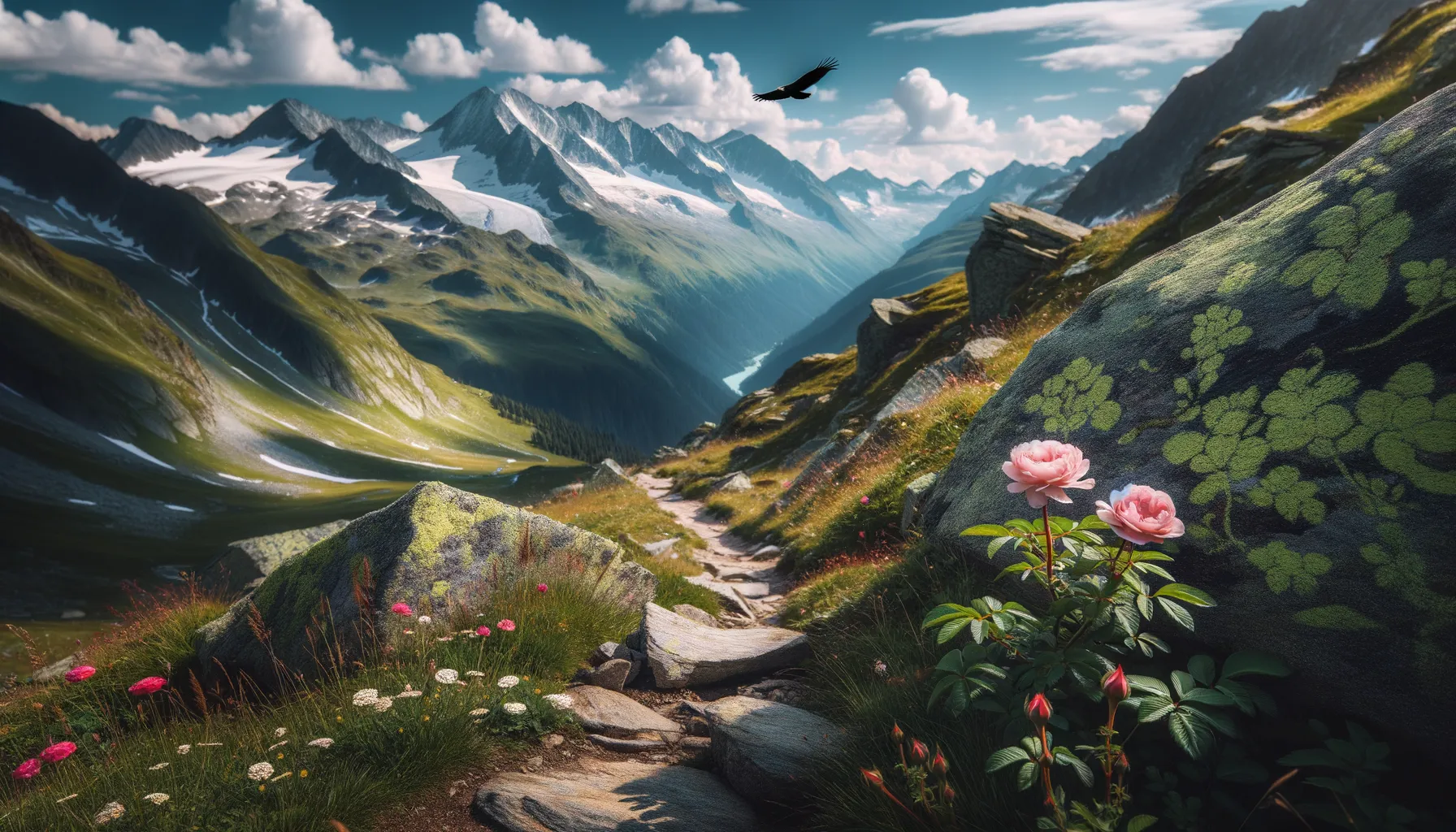 Berglandschaft in den Ötztaler Alpen: Alpenrosen, Kuhglocken und Adler in ruhiger Atmosphäre