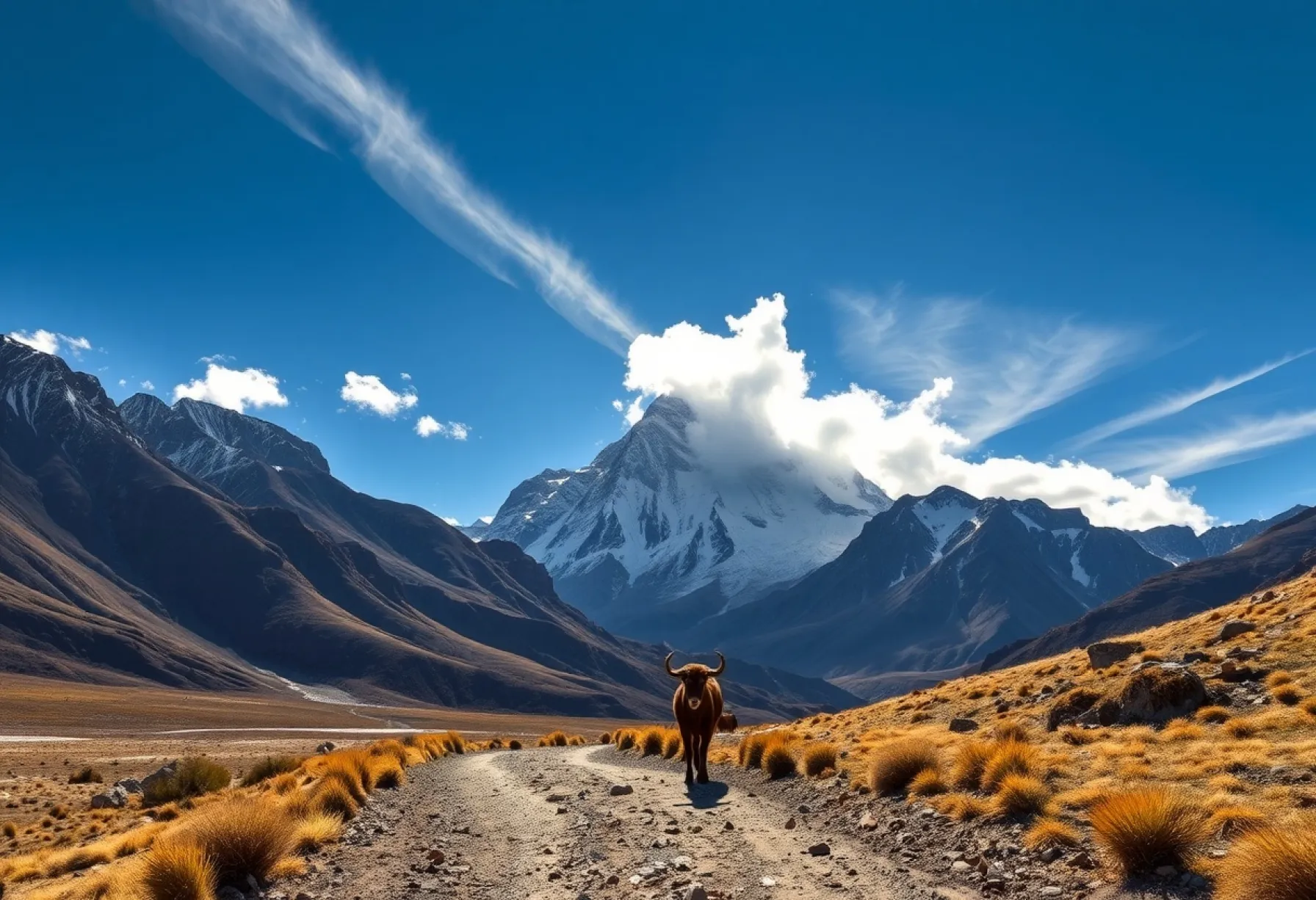 Landschaft der Anden mit Aconcagua und Alpaka im Vordergrund