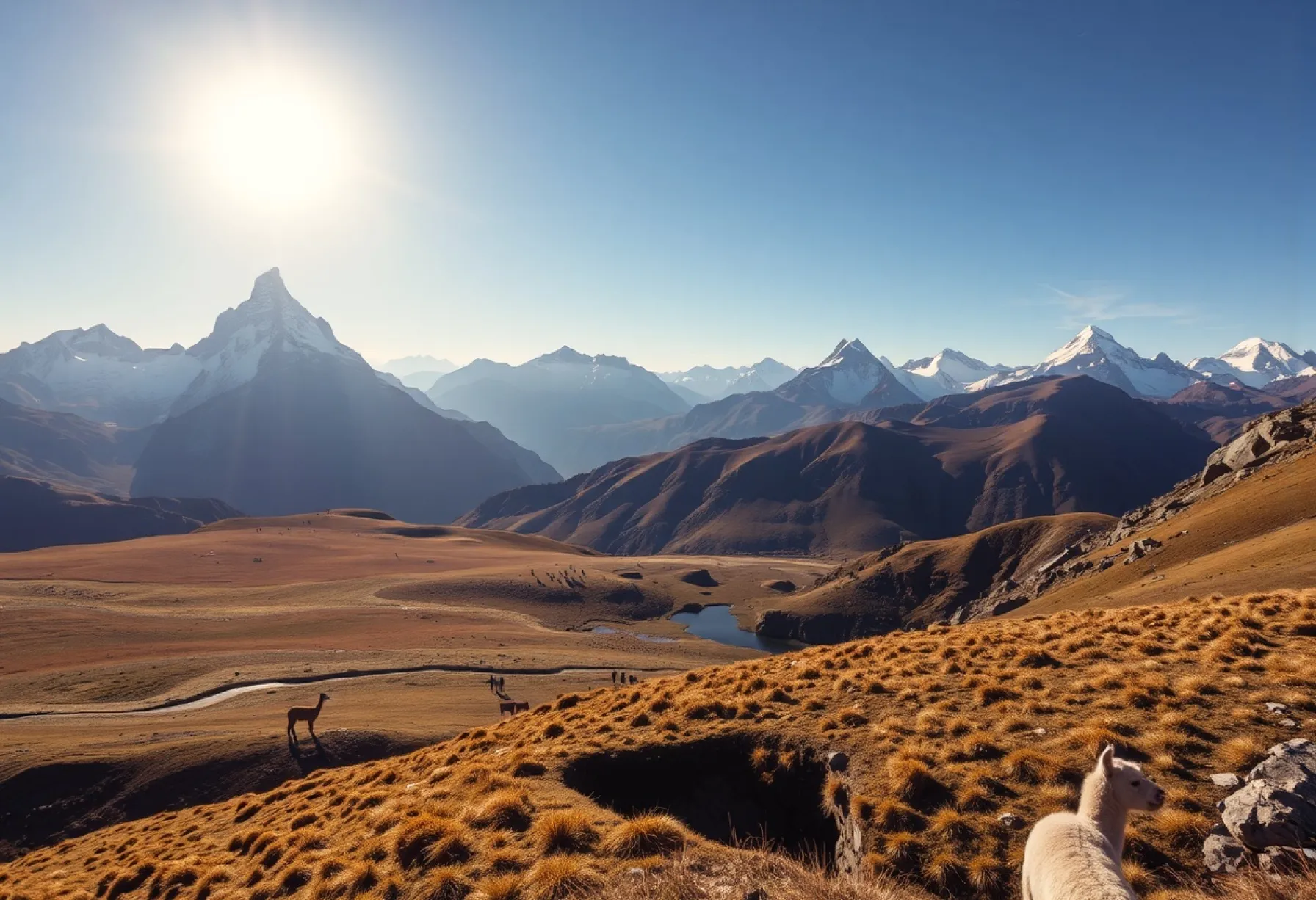 Landschaftsbeschreibung der Anden mit Berggipfeln, Hochebene und Alpacas