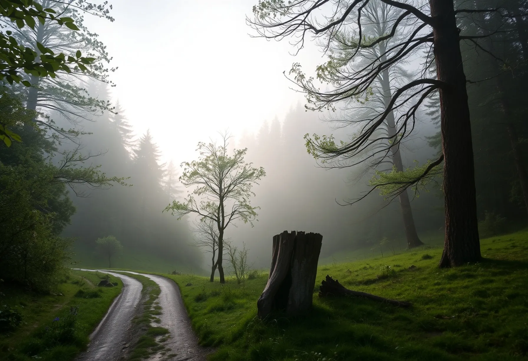 Morgenstimmung in den Appalachen: Ein Pfad durch den Nebel und die Wälder