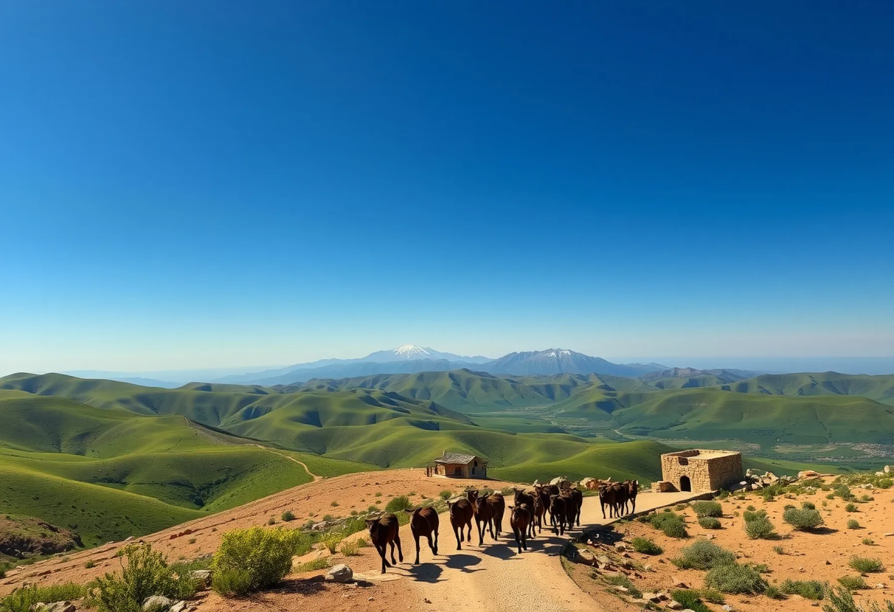 Landschaft des Atlasgebirges in Marokko: Ziegenherde, Berberhirte und natürliche Szenerie