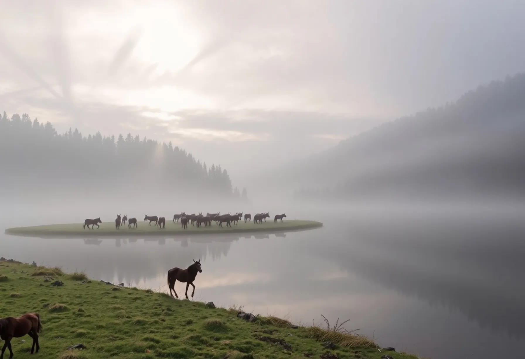 Morgenstimmung in den rumänischen Karpaten: Natur und Wildpferde am Bergsee