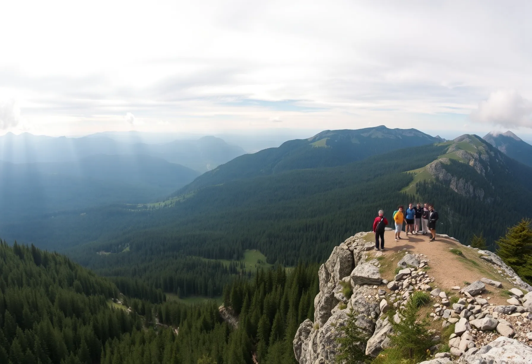 Panorama der Karpaten: Wälder, Felsen und Wanderer im Nebelspiel