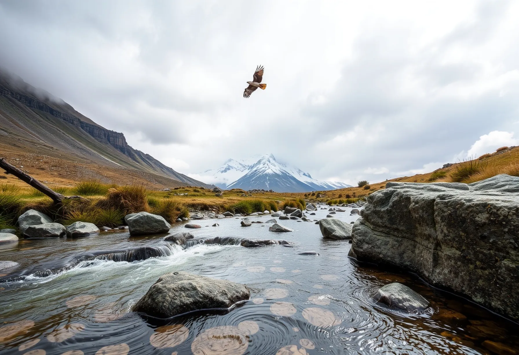 Landschaft im Kaukasus: Felsmassiv, Gebirgsbach und Adler im Einklang mit der Natur