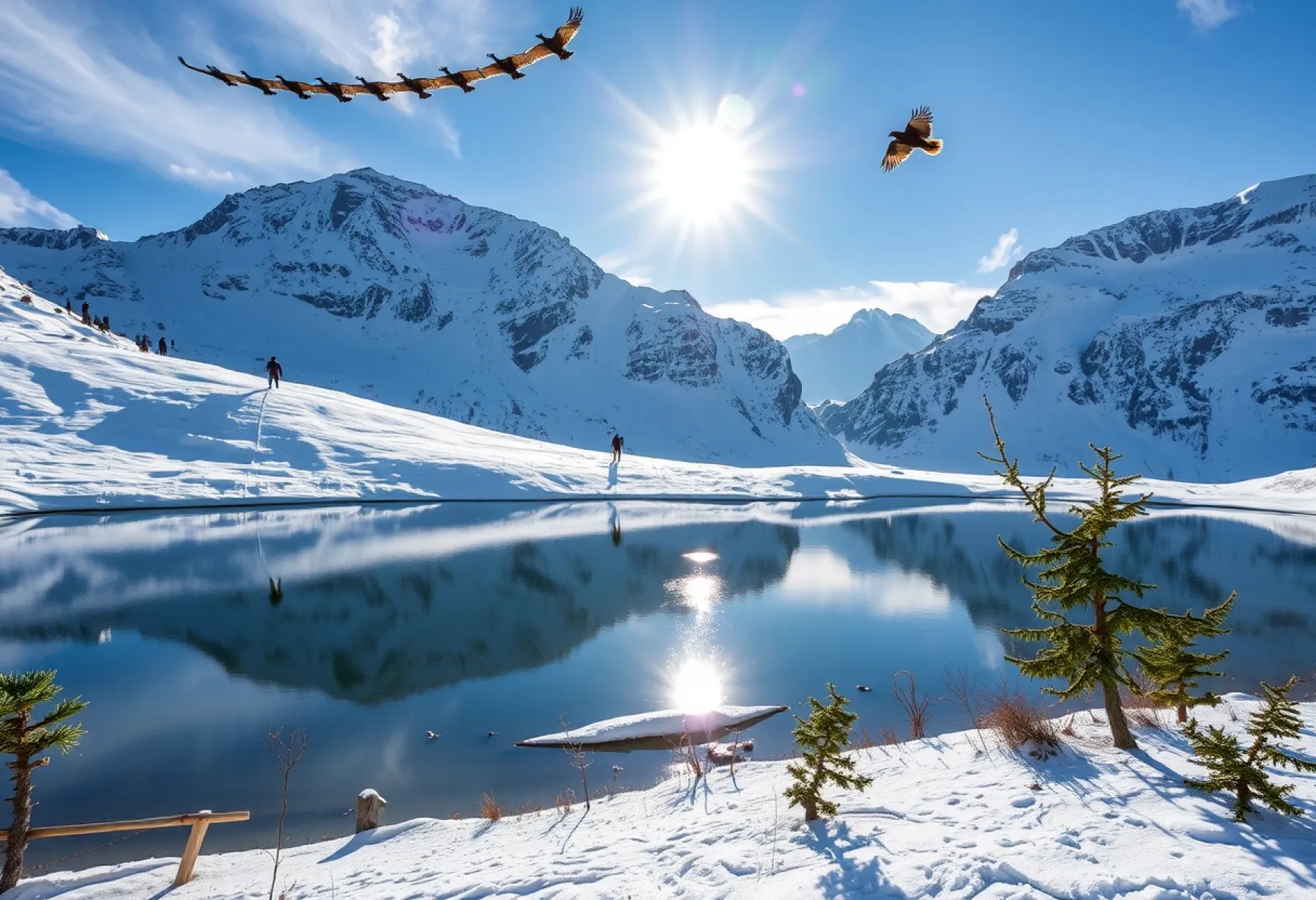 Landschaftsbeschreibung des Kaukasus mit Bergziegen, Bergsee und Adler im Morgenlicht