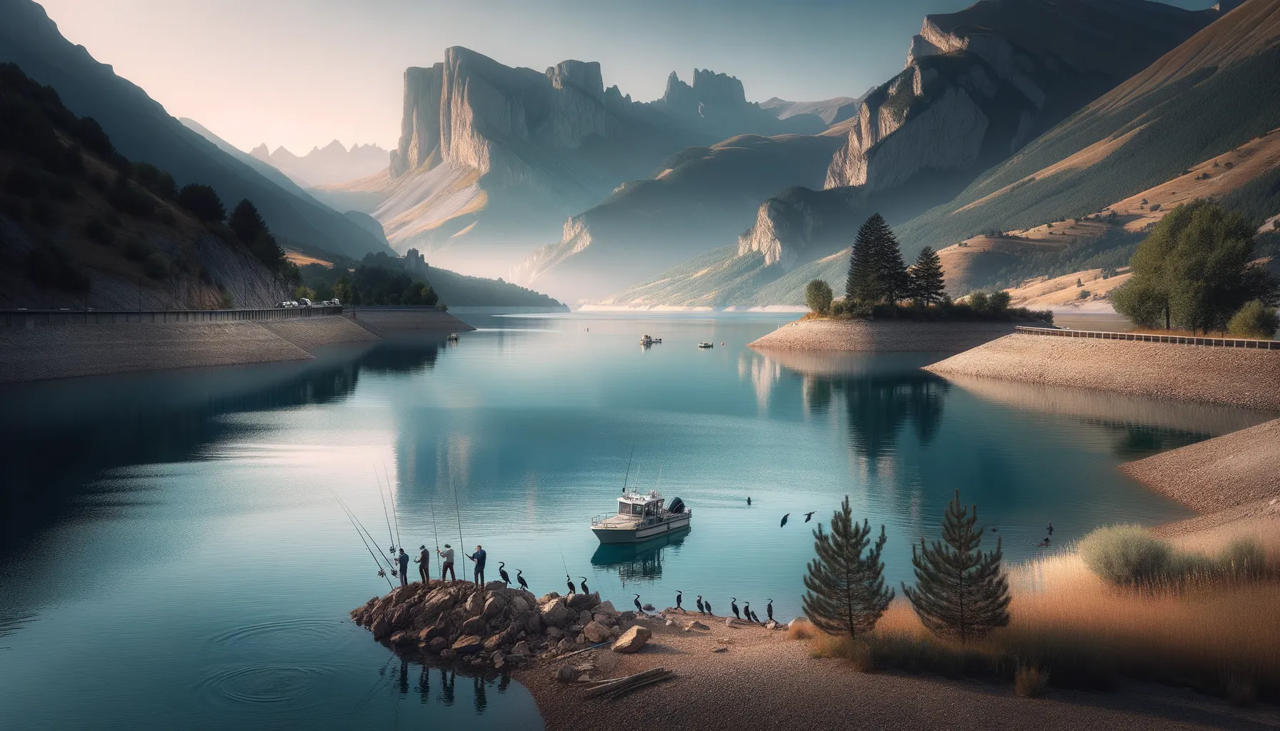Morgenstimmung am Lac de Serre-Ponçon: Angler, Kormorane und der Pic de Morgon im Nebel