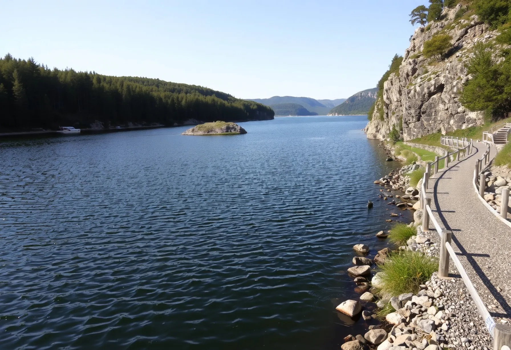 Stausee inmitten von Wäldern mit Felswand und Wanderpfad am Ufer