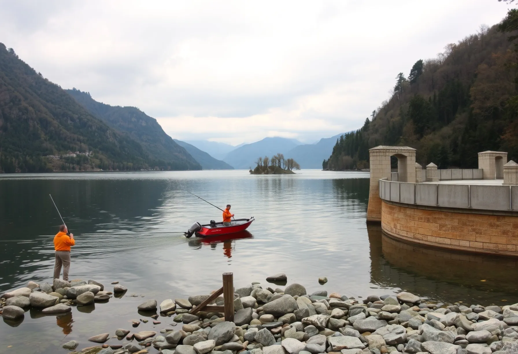 Stausee mit Insel und Anglern vor bewaldetem Bergrücken