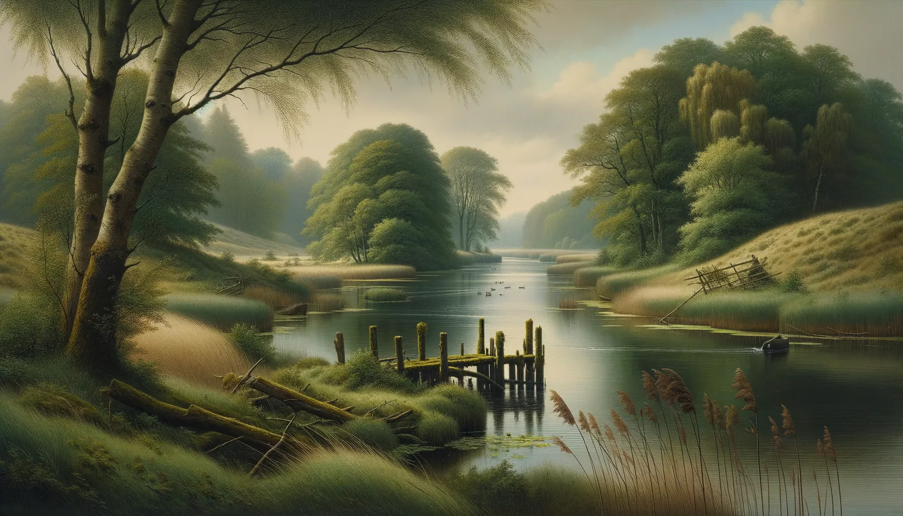 Landschaft mit Fluss, Bäumen und Holzsteg in ruhiger Umgebung