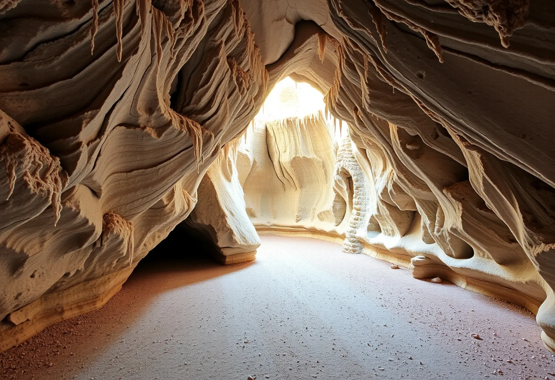 Eingang zur Kristallhöhle mit geologischen Schichtungen und reflektierenden Kristallen