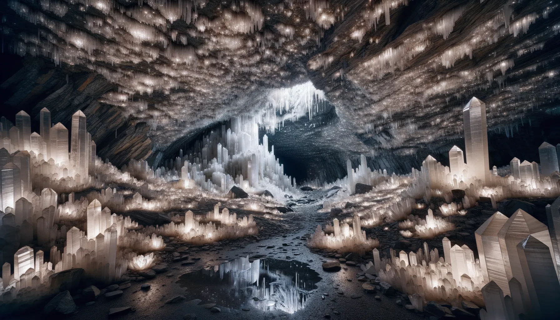 Kristallhöhle mit Quarzwänden und Lichtreflexionen