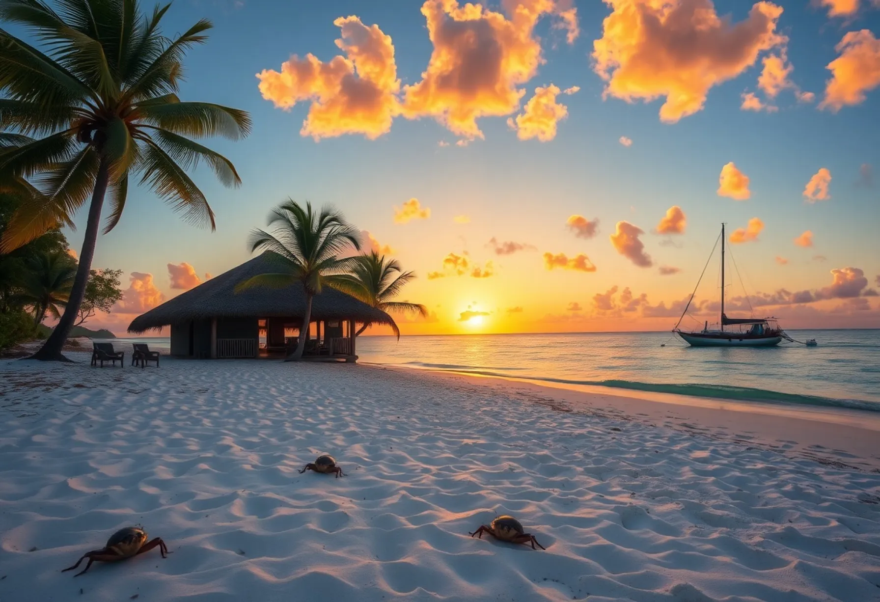 Strandlandschaft auf Mauritius mit Fischerhütte und Segelyacht im Sonnenuntergang