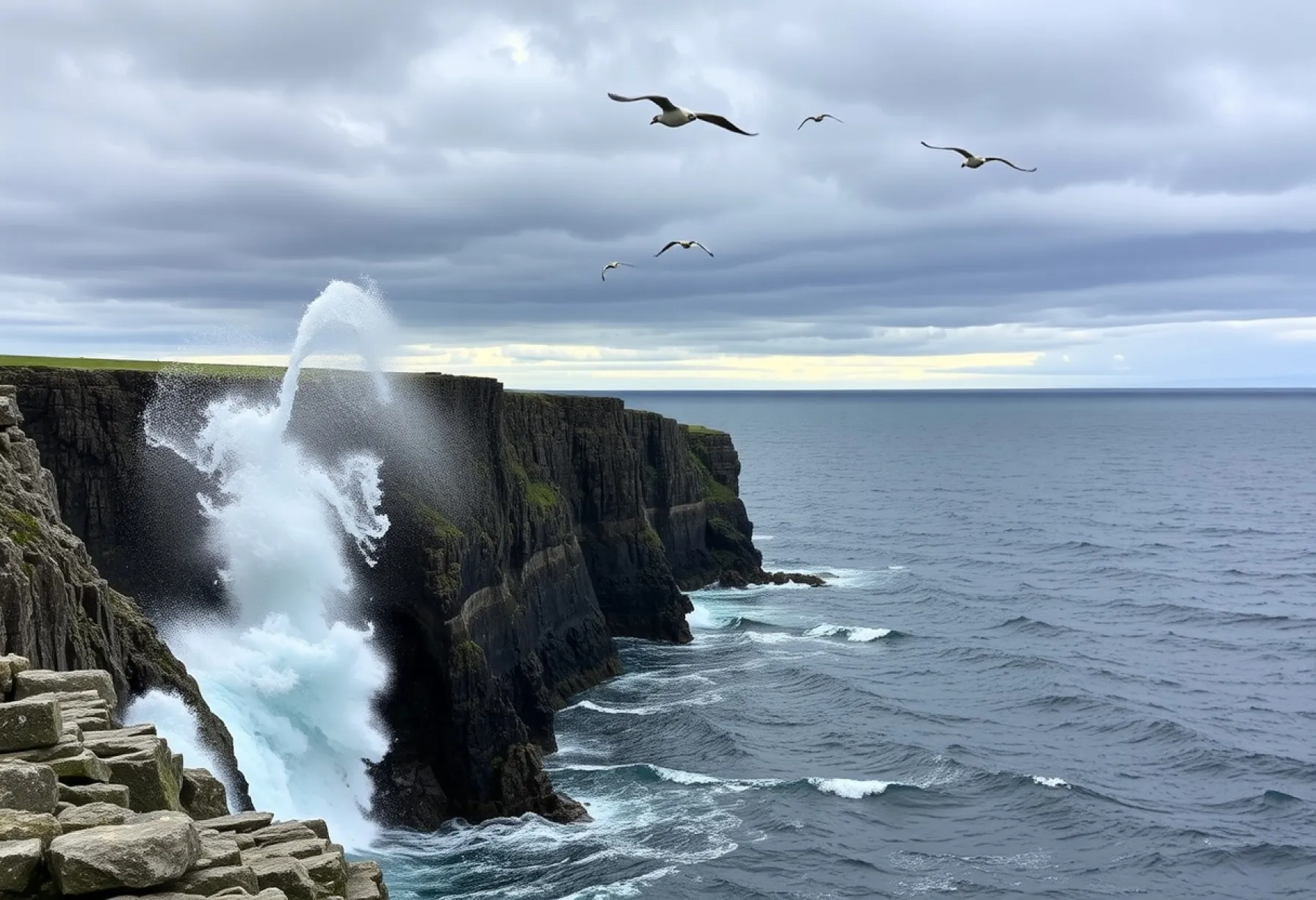 Karge Küstenlinie und stürmische See auf der Isle of Skye, Schottland