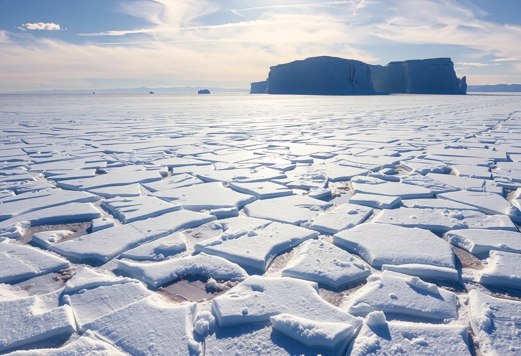 Landschaft aus Eisschollen und Eiswand unter tiefstehender Sonne.