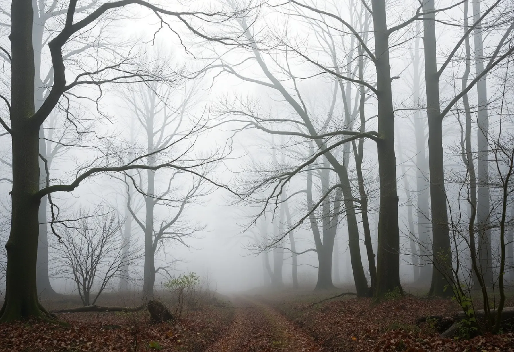 Neblige Morgenstimmung in einem alten Buchenwald