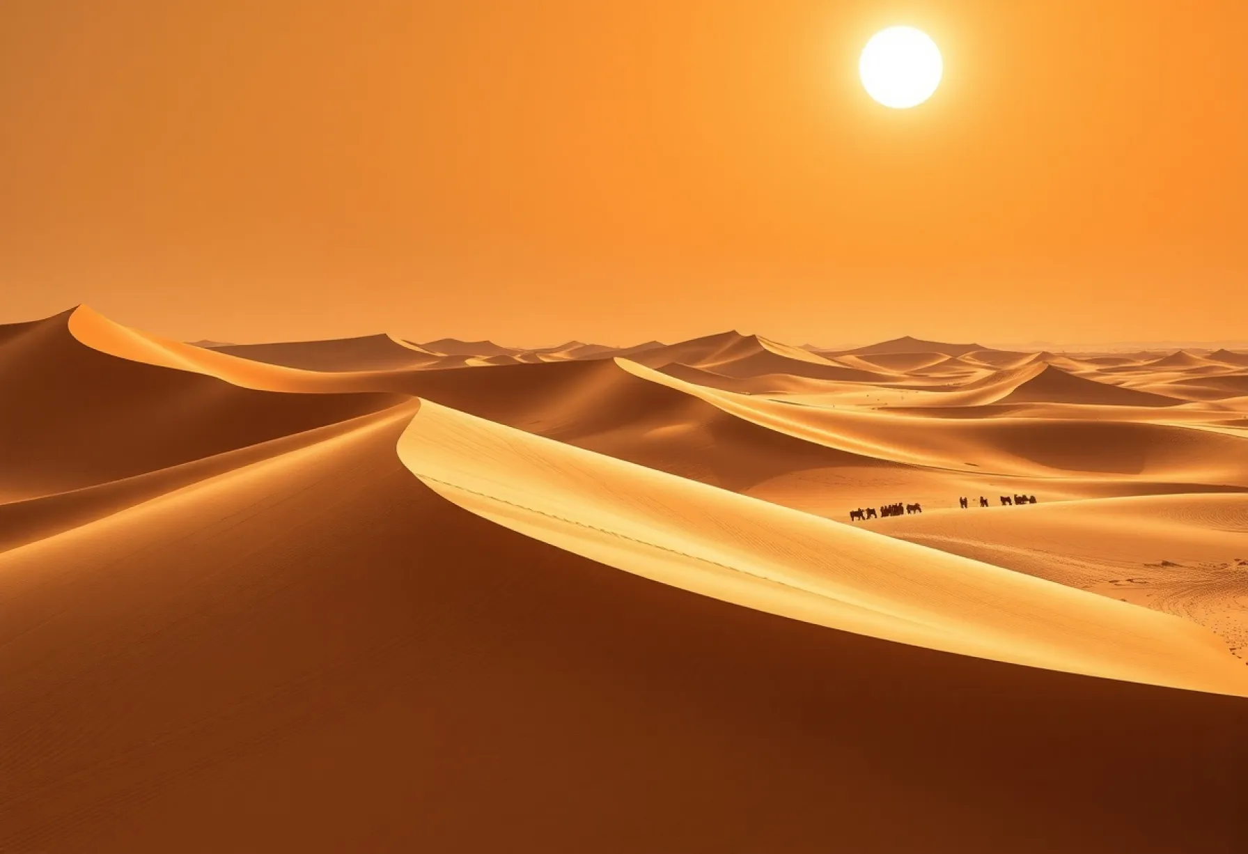Landschaftsbeschreibung der Sahara: Dünen, Dromedare und ein Akazienbaum