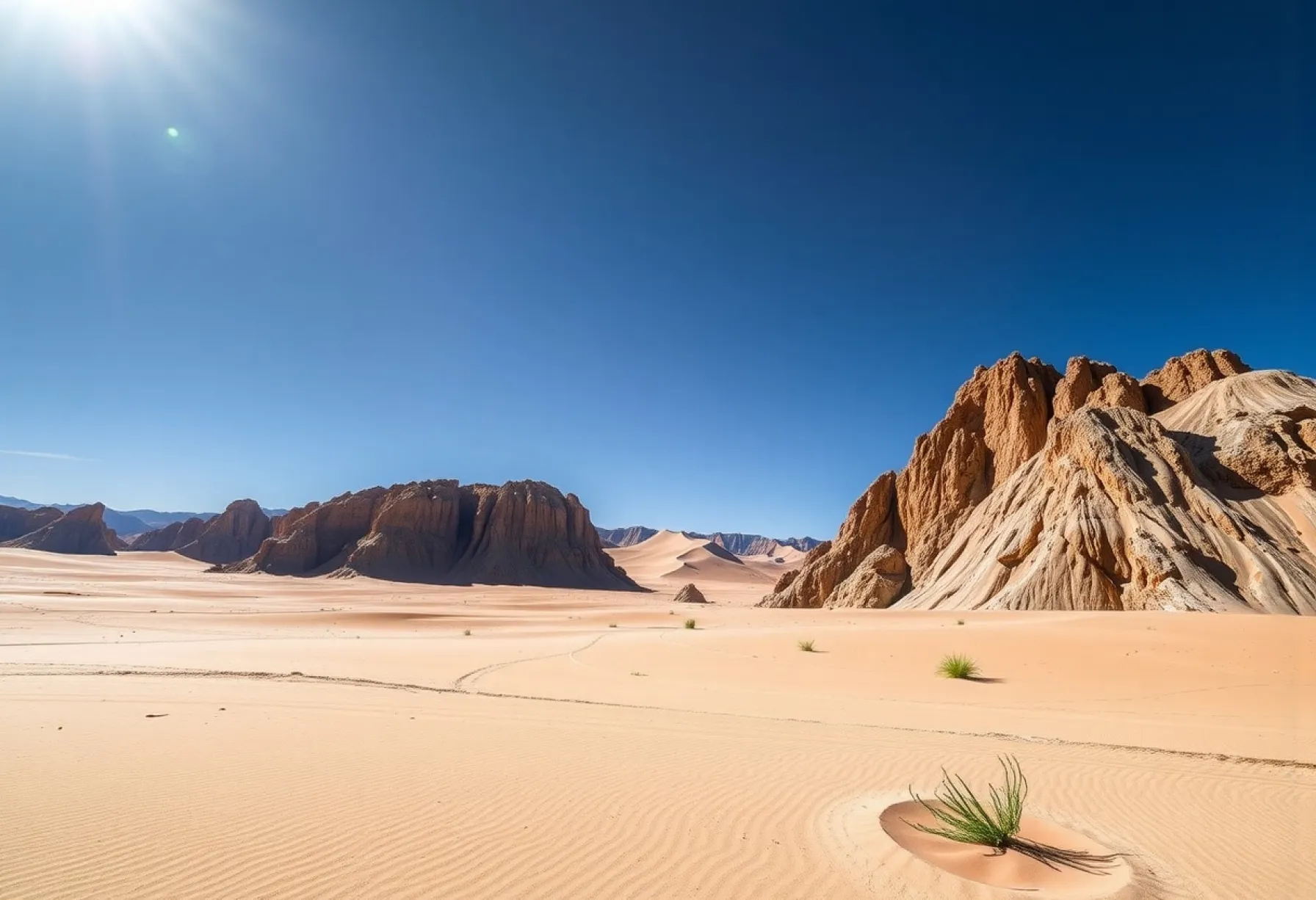 Wüstenlandschaft mit Felsformationen und Dünen im Sonnenlicht