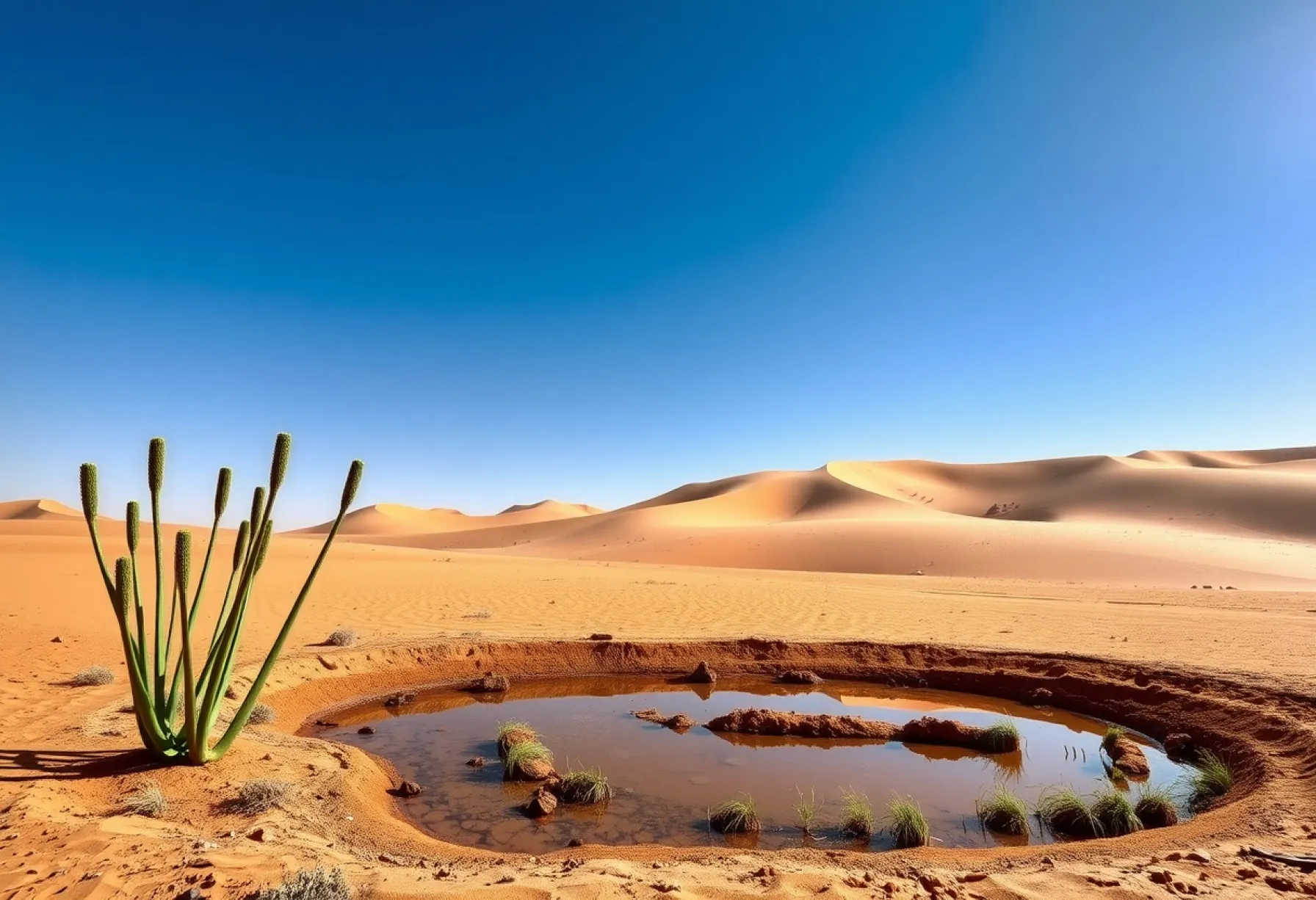Oase in der Sahara: Dattelpalmen, Wasserbecken und Dünenlandschaft